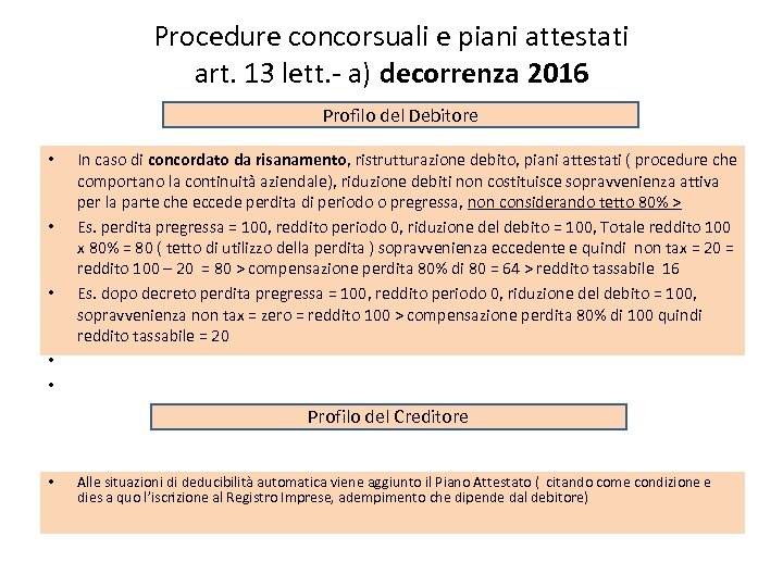 Procedure concorsuali e piani attestati art. 13 lett. - a) decorrenza 2016 Profilo del