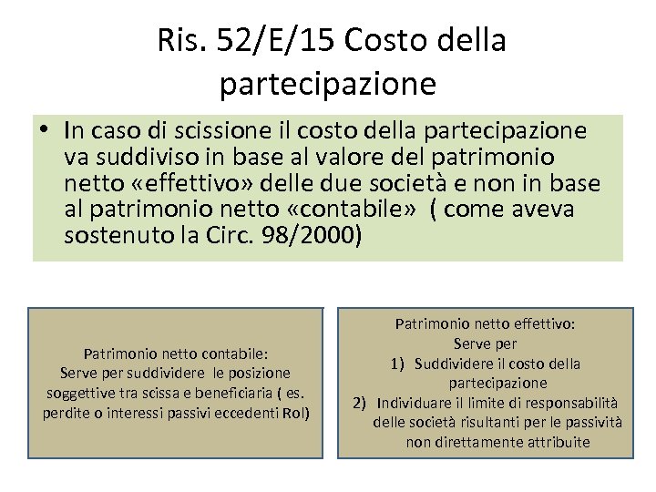 Ris. 52/E/15 Costo della partecipazione • In caso di scissione il costo della partecipazione