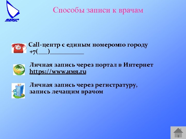 Способы записи к врачам Call-центр с единым номером городу по +7(___)______ Личная запись через