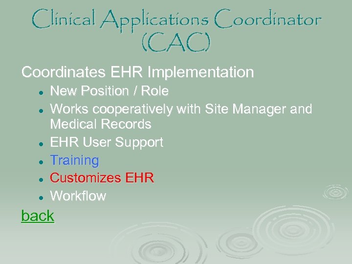 Clinical Applications Coordinator (CAC) Coordinates EHR Implementation l l l New Position / Role