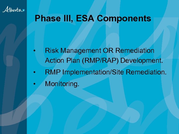 Phase III, ESA Components • Risk Management OR Remediation Action Plan (RMP/RAP) Development. •