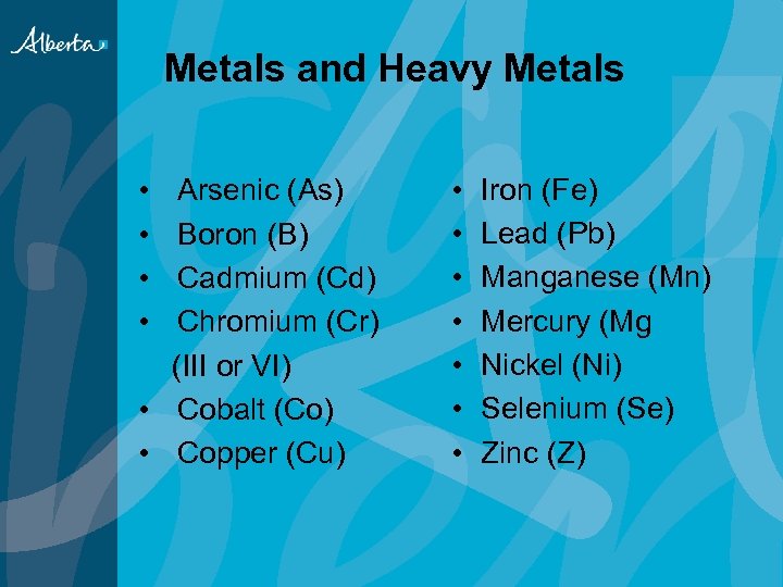 Metals and Heavy Metals • • Arsenic (As) Boron (B) Cadmium (Cd) Chromium (Cr)