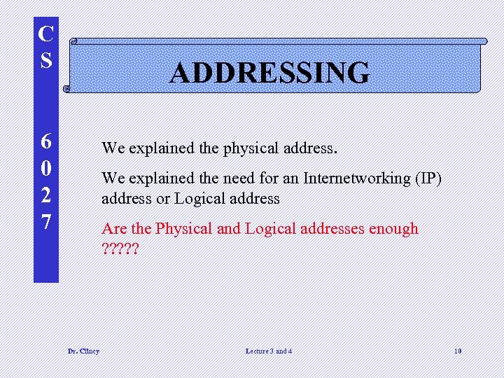 C S ADDRESSING 6 0 2 7 We explained the physical address. We explained