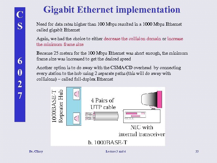 C S Gigabit Ethernet implementation Need for data rates higher than 100 Mbps resulted