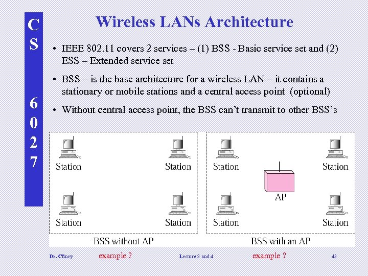 C S 6 0 2 7 Wireless LANs Architecture • IEEE 802. 11 covers