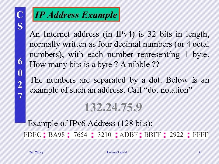 C S IP Address Example An Internet address (in IPv 4) is 32 bits