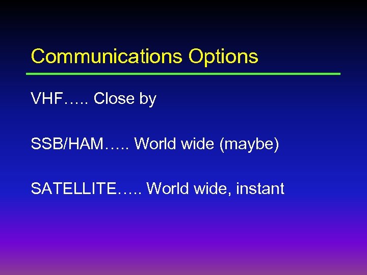 Communications Options VHF…. . Close by SSB/HAM…. . World wide (maybe) SATELLITE…. . World