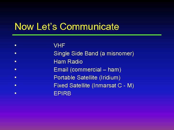 Now Let’s Communicate • • VHF Single Side Band (a misnomer) Ham Radio Email