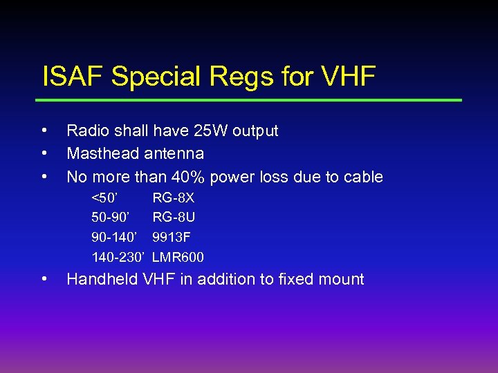 ISAF Special Regs for VHF • • • Radio shall have 25 W output