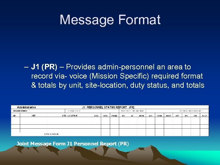 Message Format – J 1 (PR) – Provides admin-personnel an area to record via-