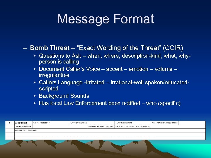 Message Format – Bomb Threat – “Exact Wording of the Threat” (CCIR) • Questions