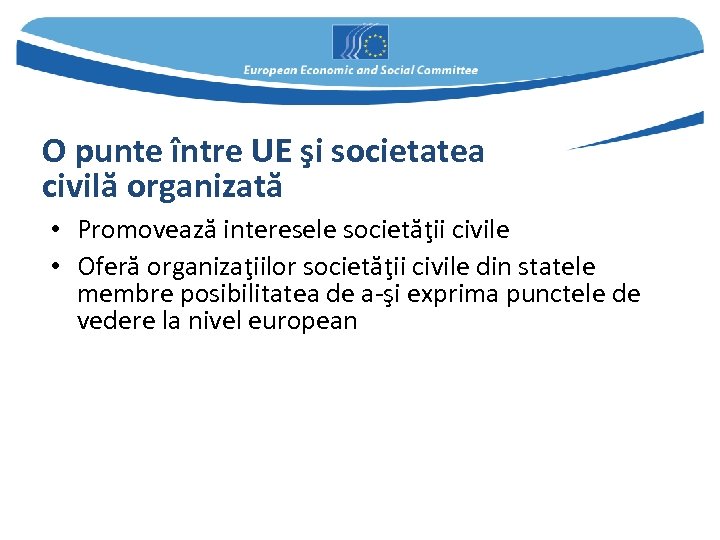 O punte între UE şi societatea civilă organizată • Promovează interesele societăţii civile •