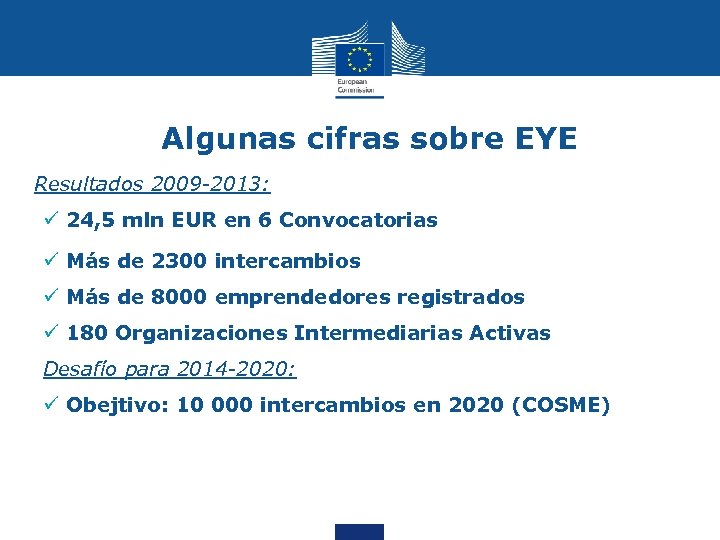 Algunas cifras sobre EYE ü Resultados 2009 -2013: ü 24, 5 mln EUR en