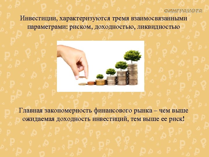 ФИНГРАМОТА Инвестиции, характеризуются тремя взаимосвязанными параметрами: риском, доходностью, ликвидностью Главная закономерность финансового рынка –