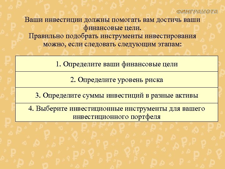 ФИНГРАМОТА Ваши инвестиции должны помогать вам достичь ваши финансовые цели. Правильно подобрать инструменты инвестирования