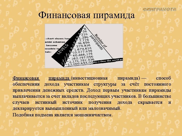 Финансовая пирамида ФИНГРАМОТА Финансовая пирамида (инвестиционная пирамида) — способ обеспечения дохода участникам структуры за