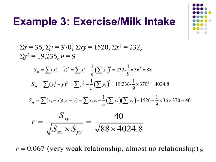 Example 3: Exercise/Milk Intake Σx = 36, Σy = 370, Σxy = 1520, Σx