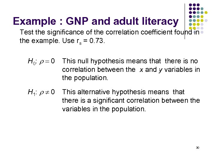 Example : GNP and adult literacy Test the significance of the correlation coefficient found