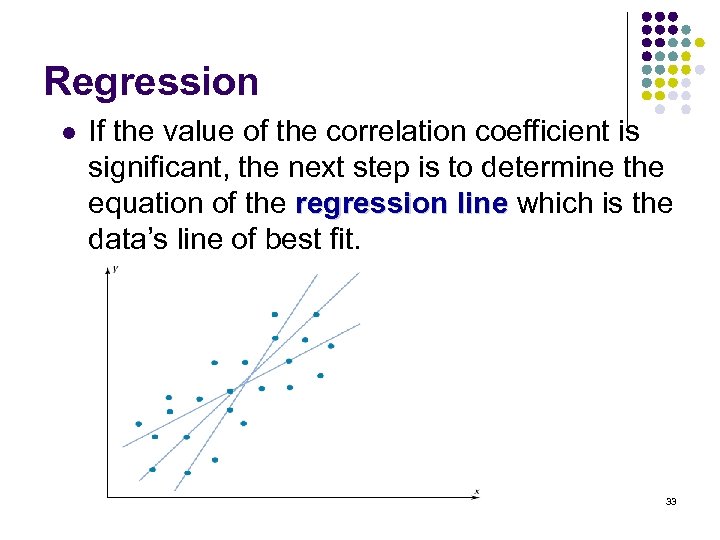 Regression l If the value of the correlation coefficient is significant, the next step