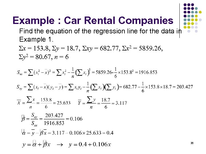 Example : Car Rental Companies Find the equation of the regression line for the