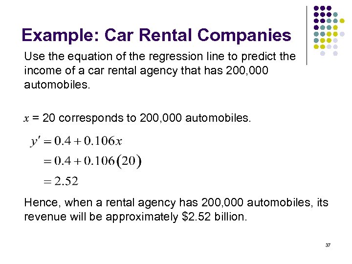 Example: Car Rental Companies Use the equation of the regression line to predict the