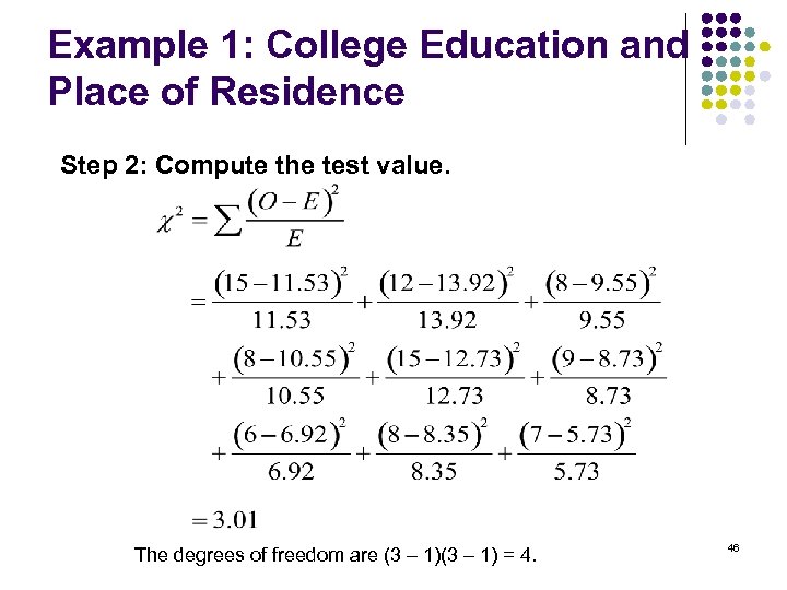 Example 1: College Education and Place of Residence Step 2: Compute the test value.