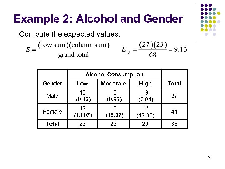 Example 2: Alcohol and Gender Compute the expected values. Alcohol Consumption Gender Low Moderate