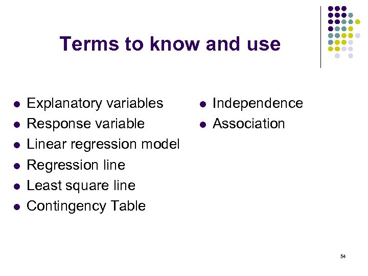 Terms to know and use l l l Explanatory variables Response variable Linear regression