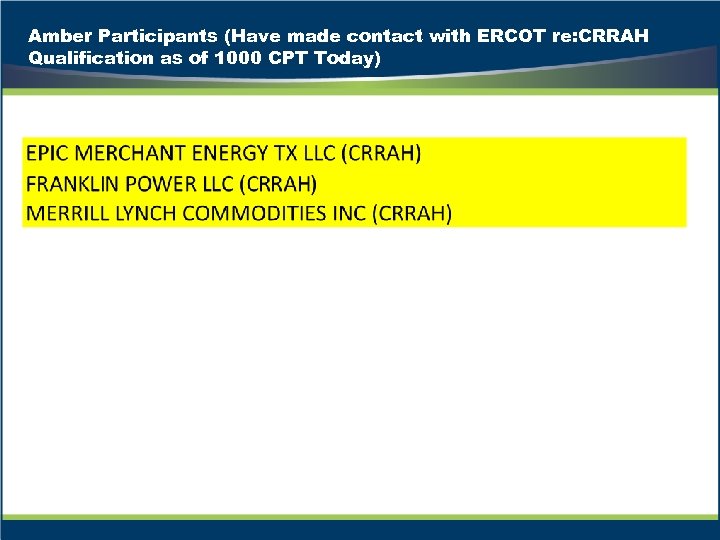 Amber Participants (Have made contact with ERCOT re: CRRAH Qualification as of 1000 CPT