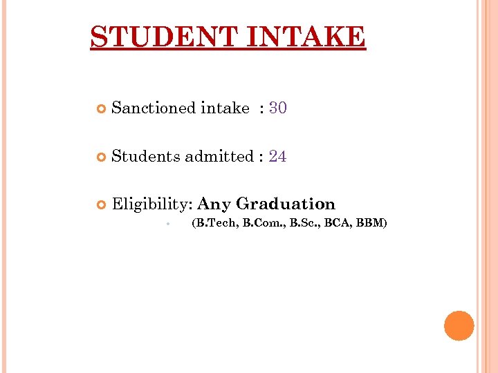 STUDENT INTAKE Sanctioned intake : 30 Students admitted : 24 Eligibility: Any Graduation (B.