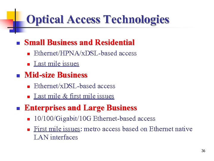 Optical Access Technologies n Small Business and Residential n n n Mid-size Business n
