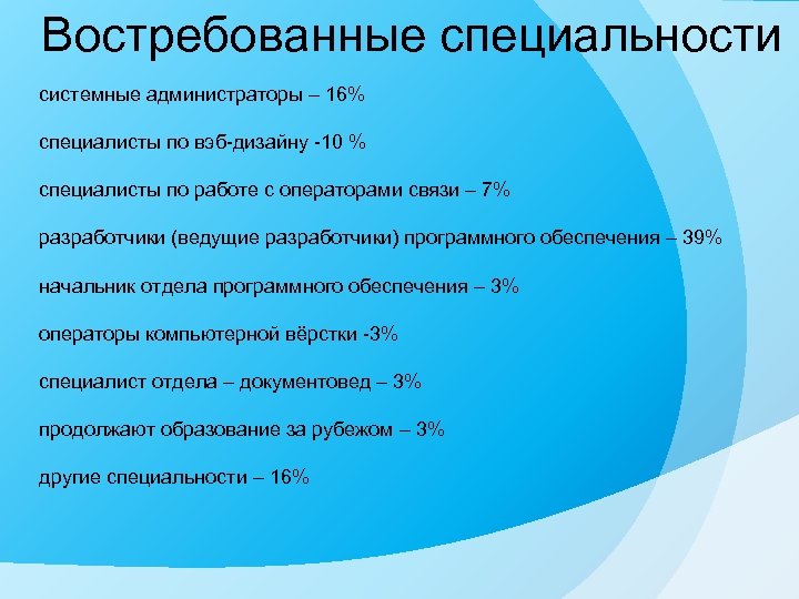 Востребованные специальности системные администраторы – 16% специалисты по вэб-дизайну -10 % специалисты по работе