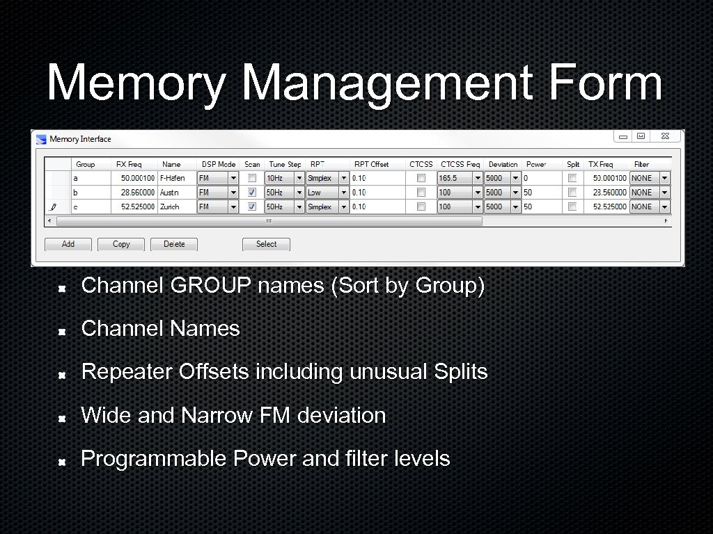 Memory Management Form Channel GROUP names (Sort by Group) Channel Names Repeater Offsets including