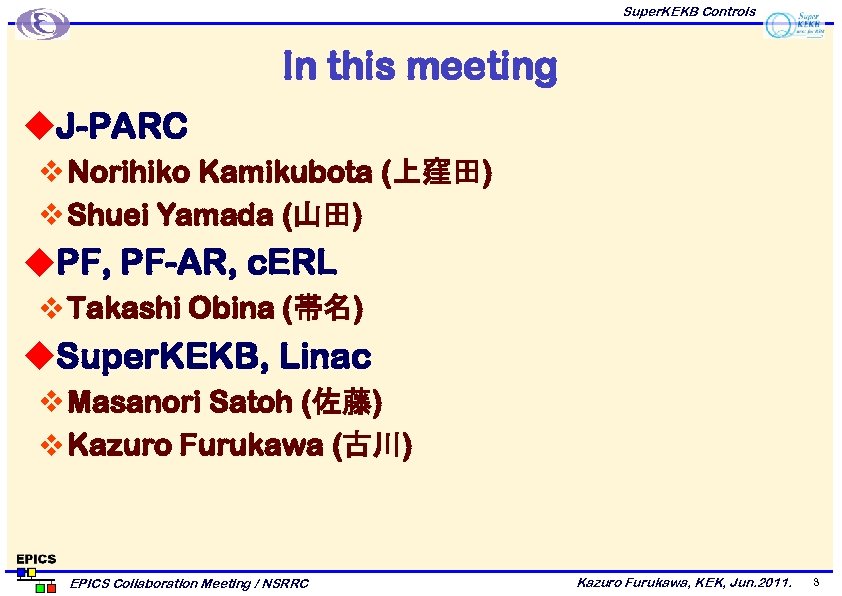 Super. KEKB Controls In this meeting u. J-PARC v Norihiko Kamikubota (上窪田) v Shuei