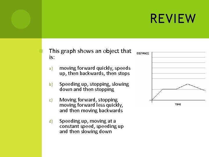 REVIEW This graph shows an object that is: a) moving forward quickly, speeds up,