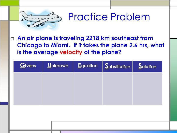 Practice Problem □ An air plane is traveling 2218 km southeast from Chicago to
