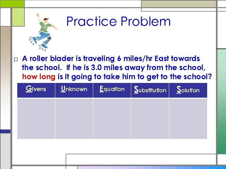 Practice Problem □ A roller blader is traveling 6 miles/hr East towards the school.