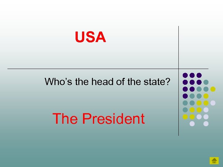 USA Who’s the head of the state? The President 