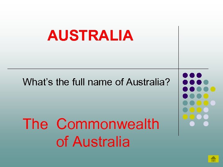 AUSTRALIA What’s the full name of Australia? The Commonwealth of Australia 