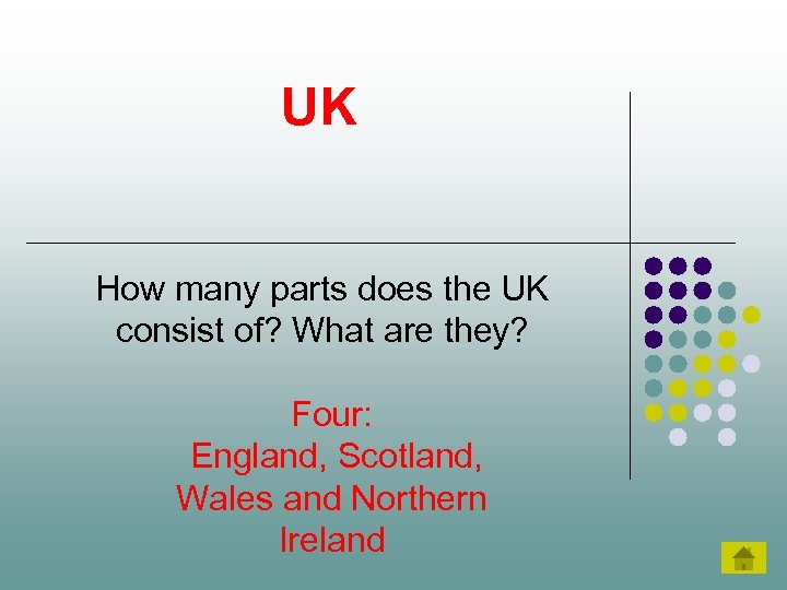 UK How many parts does the UK consist of? What are they? Four: England,