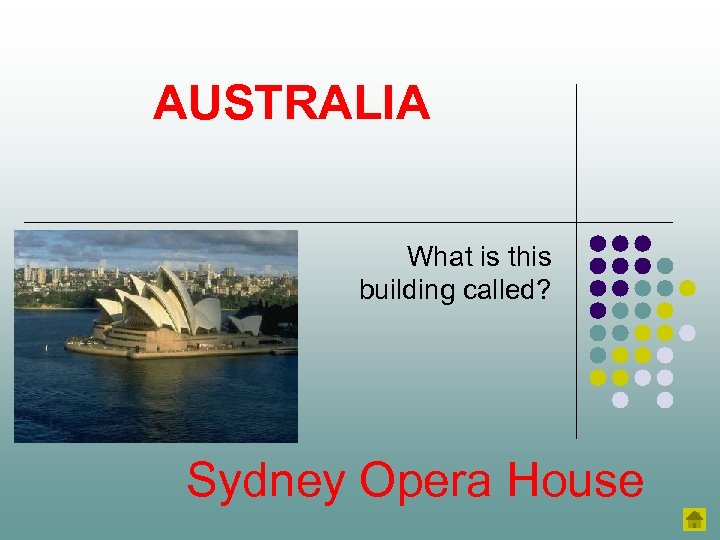 AUSTRALIA What is this building called? Sydney Opera House 