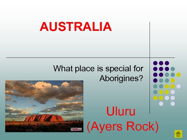 AUSTRALIA What place is special for Aborigines? Uluru (Ayers Rock) 