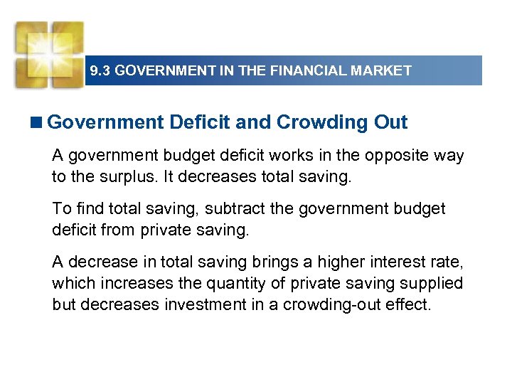 9. 3 GOVERNMENT IN THE FINANCIAL MARKET <Government Deficit and Crowding Out A government