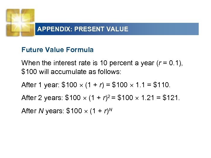 APPENDIX: PRESENT VALUE Future Value Formula When the interest rate is 10 percent a