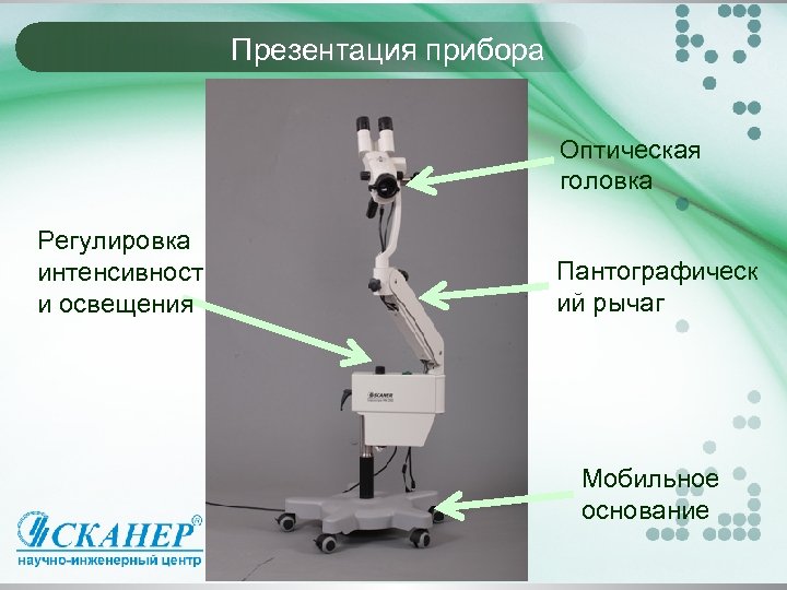 Презентация прибора Оптическая головка Регулировка интенсивност и освещения Пантографическ ий рычаг Мобильное основание 