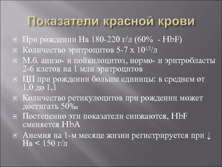  При рождении Нв 180 -220 г/л (60% - Hb. F) Количество эритроцитов 5