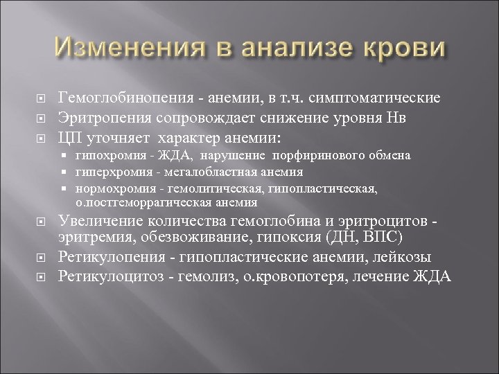  Гемоглобинопения - анемии, в т. ч. симптоматические Эритропения сопровождает снижение уровня Нв ЦП