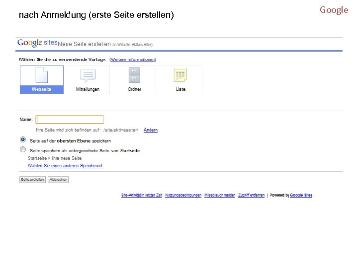 nach Anmeldung (erste Seite erstellen) Google 