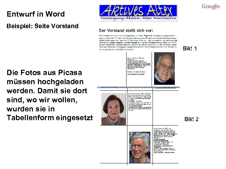 Google Entwurf in Word Beispiel: Seite Vorstand Bild 1 Die Fotos aus Picasa müssen