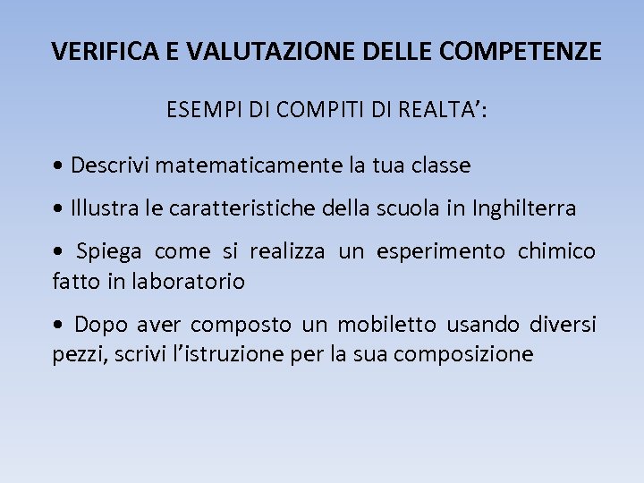 VERIFICA E VALUTAZIONE DELLE COMPETENZE ESEMPI DI COMPITI DI REALTA’: • Descrivi matematicamente la